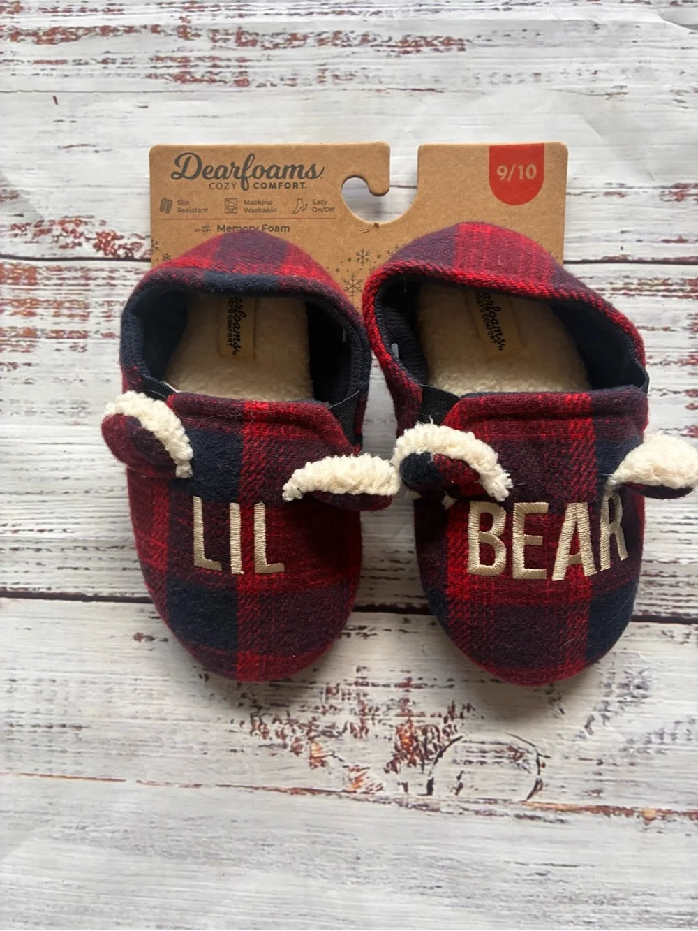 Dearfoams Kids 'Lil Bear' Red Plaid Bootie Slippers Size 9/10